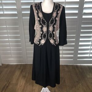 Vtg 80s Impulsive Black Midi Dress 8P Tan Crochet Vest Pleated Shoulder Pads